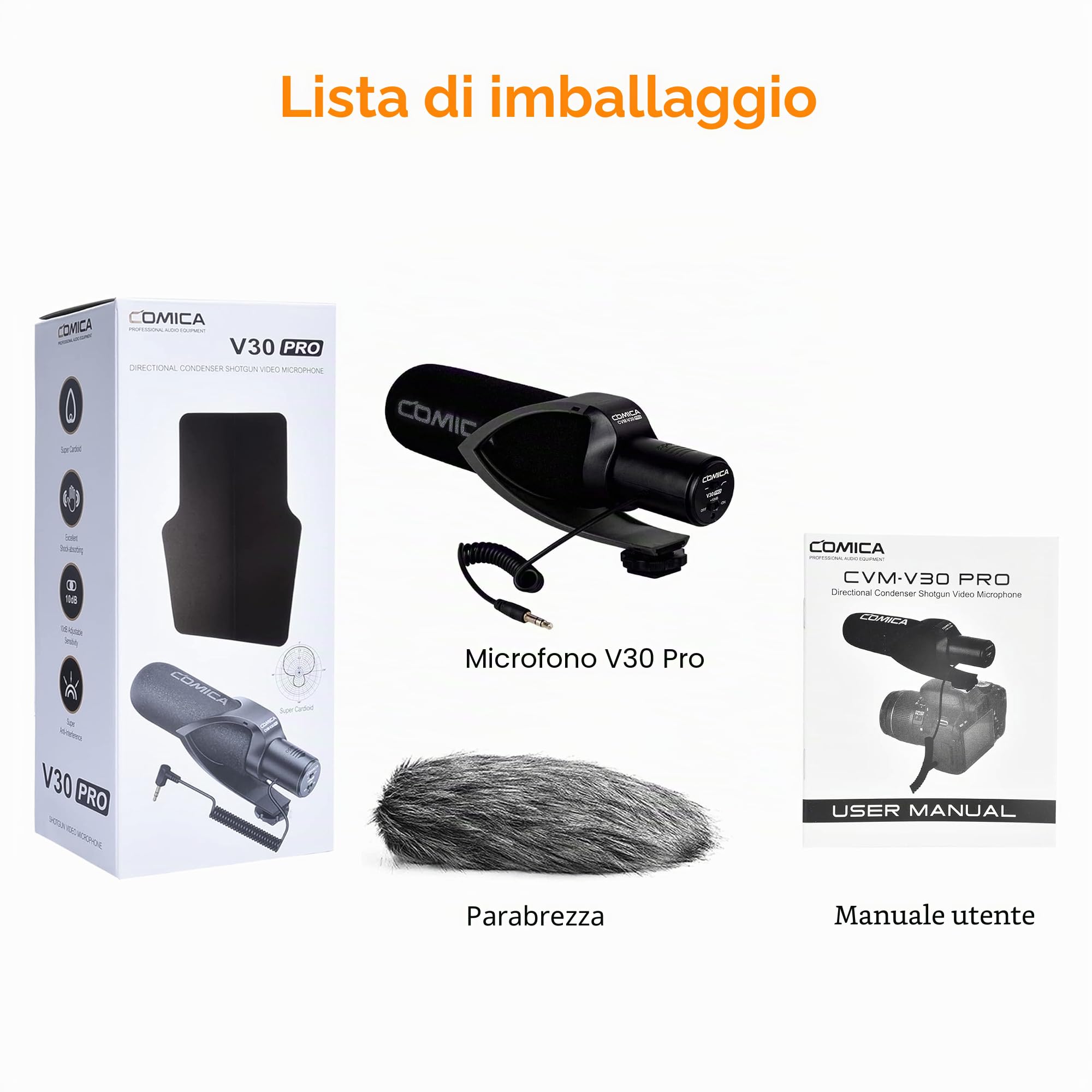 COMICA CVM-V30 Pro fotocamera Microfono direzionale a condensatore Shotgun Video Microfono Supercardioide per Canon Nikon Sony Panasonic DSLR Camera with 3.5mm Jack (nero)