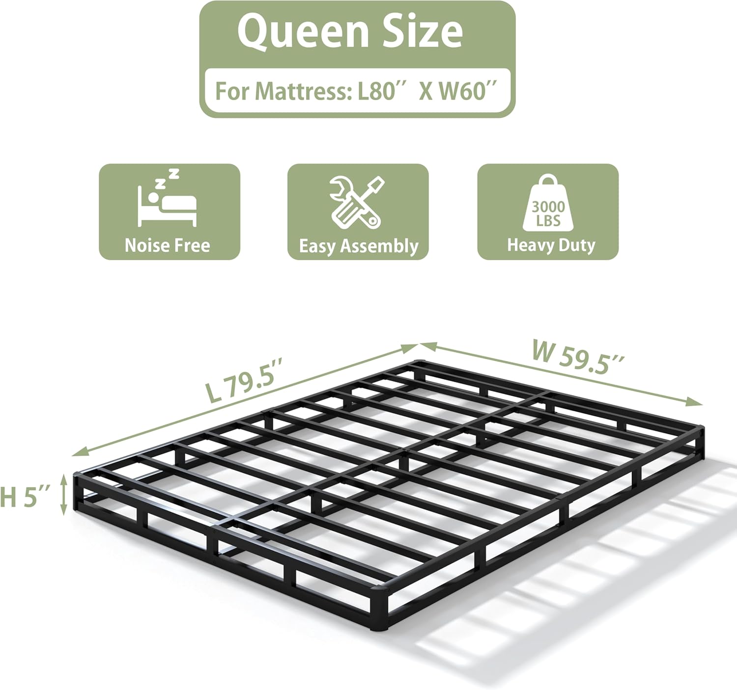 5 Inch Heavy Duty Metal Box Spring Queen Size, Low Profile Queen Mattress Foundation Bed Base, 3000 lbs Weight Capacity, Easy Assembly, Easy Clean Fabric Cover, Black