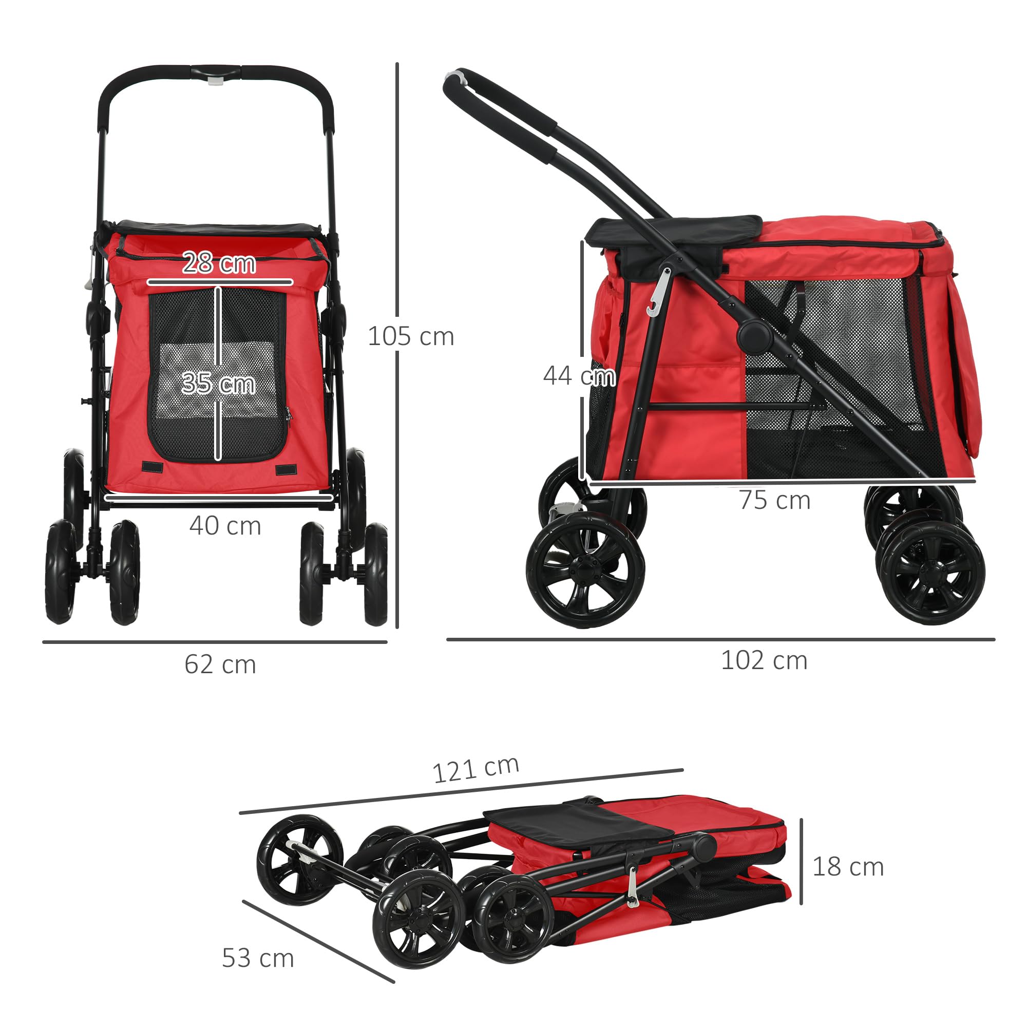 PawHut Carrozzina pieghevole per cani gatti cuscino incluso ruote con freno tessuto 600D Oxford acciaio 102 x 62 x 105 cm rosso