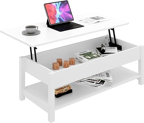 Miniatura 9 de Panana Mesa auxiliar elevadora con compartimento oculto y estante de almacenamiento abierto, mesa de elevación, mesa de granja emergente para sala