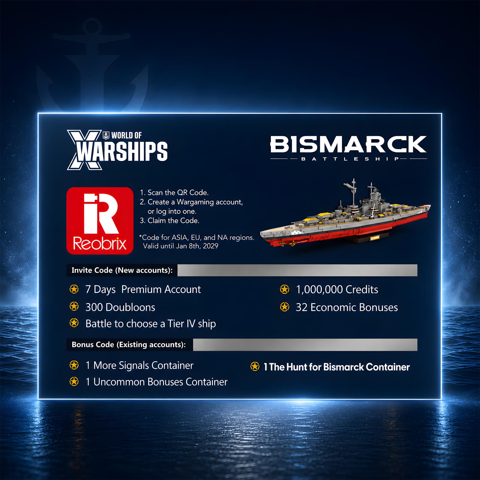 Reobrix World of Warships Bismarck Schlachtschiff Klemmbaustein Set 77051 | 1:300 Offiziell Lizenziertes Bastelset, Inkl. Spielbonus, Großes WW2 Schiffsmodell, Sammlerstück für Erwachsene,3462 Teile