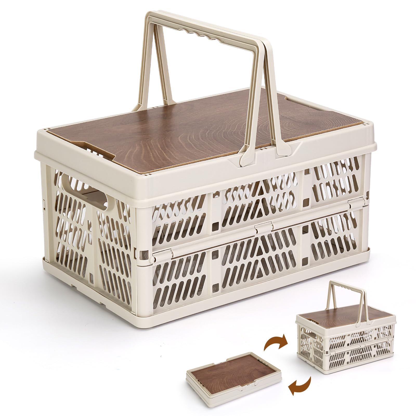 Yummy Sam Collapsible Storage Bin with Handle & Wooden Lid, 4.76Gal Plastic Picnic Basket, Hollow out design, Crate for Camping, Outdoor Gatherings &