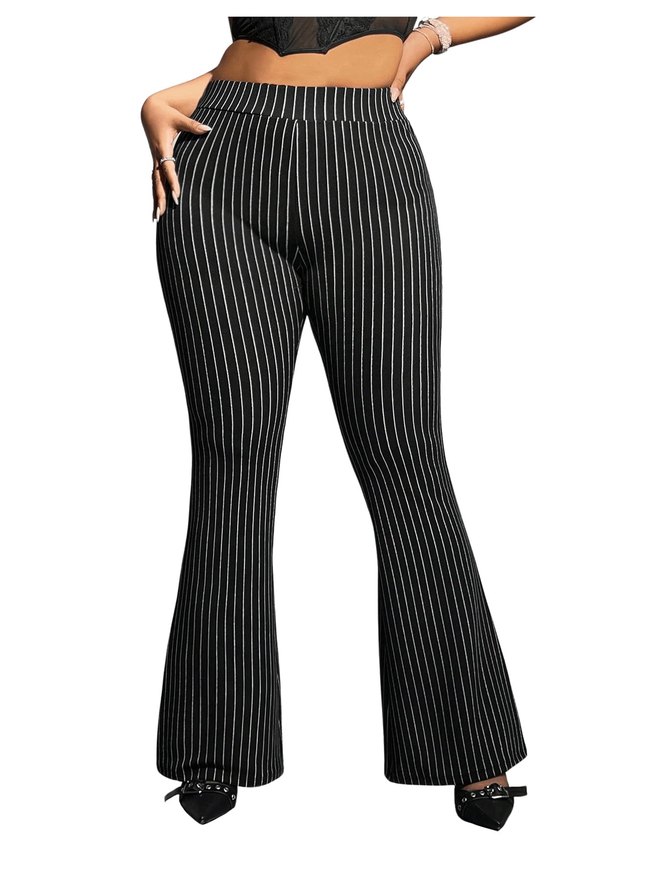 Floerns Womens Plus Size Striped Bell Bottom Pants Business Casual High Waist Flare Pants
