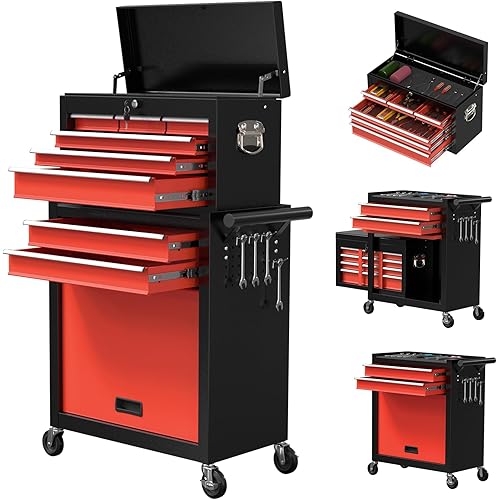 8-Drawer Rolling Tool Chest, High Capacity Removable Tool Storage Cabinet, Detachable Toolbox with Lock for Garage Warehouse and Workshop (BlackRed)