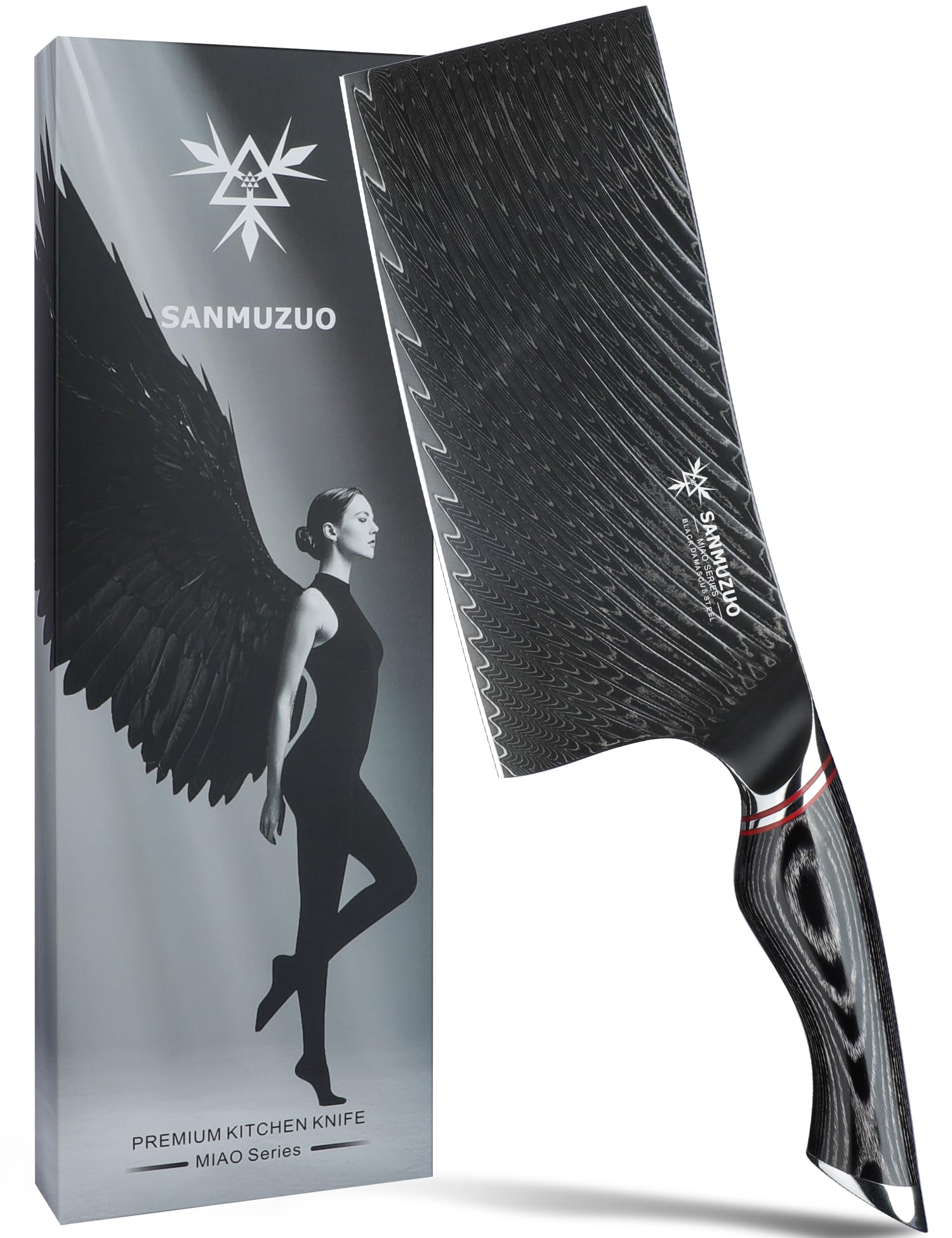 Coltello da macellaio da 18 CM - Coltello da cucina Cinese per verdure - Acciaio Damasco nero con manico ergonomico - Serie MIAO