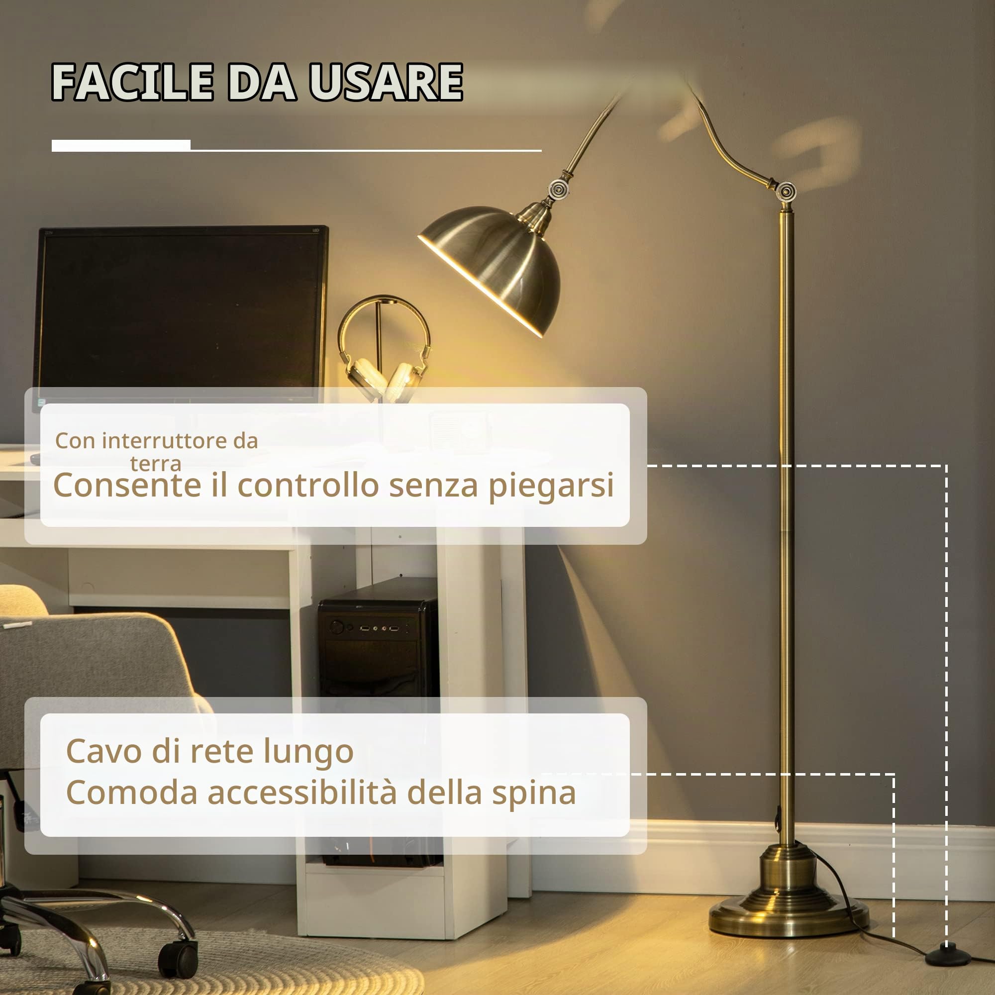 HOMCOM Lampada da terra paralume regolabile 40W attacco E27 Bronzo | Lampada a terra, lampada ad arco, design retrò, per soggiorno, camera da letto, lampadina non inclusa.