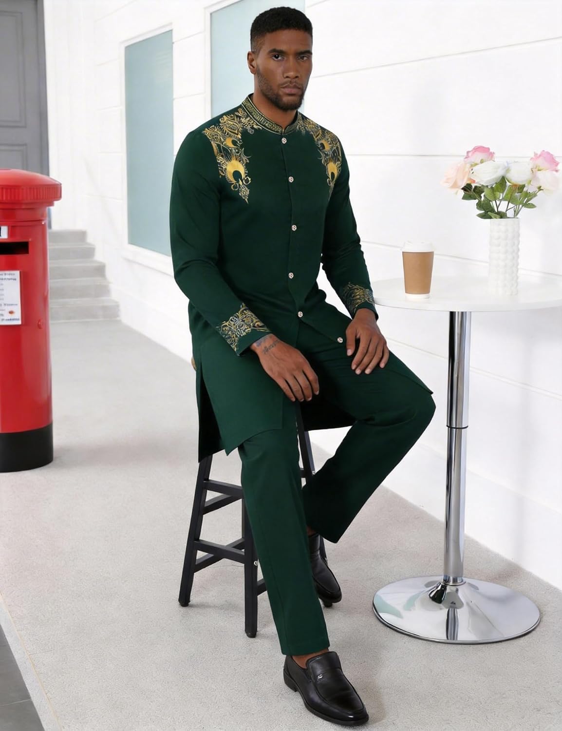Mens Long African 2 Piece Set Nigerian Dashiki Metallic Traditional Suit Gold Stamp Printed Shirt and Pants Outfit