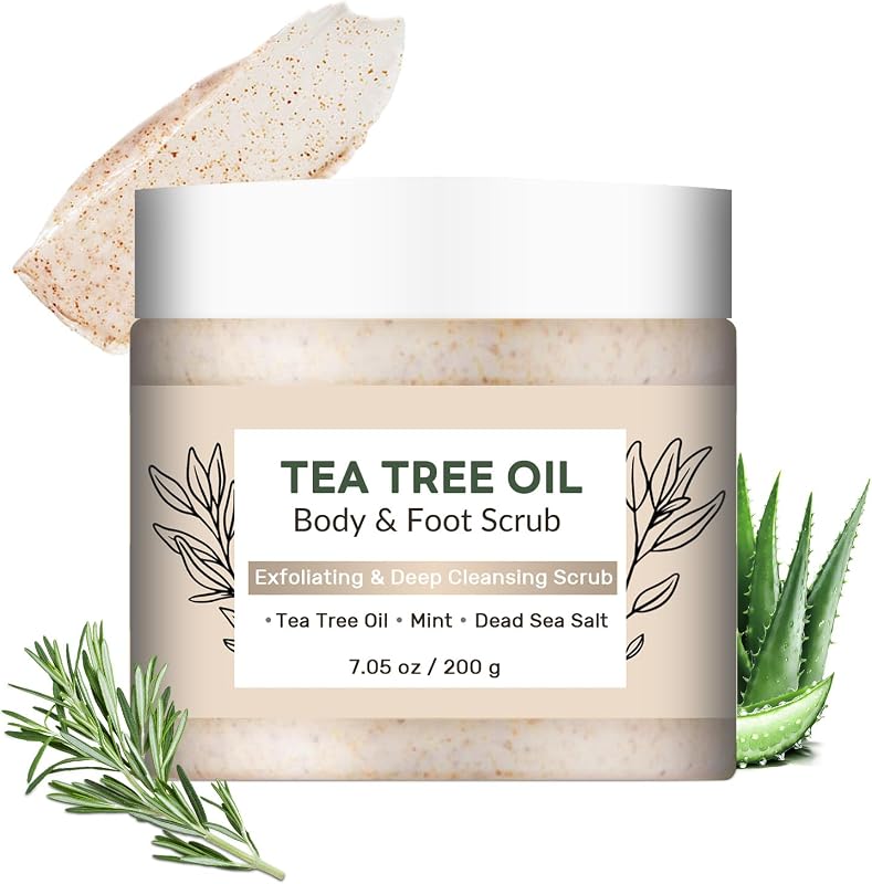 Exfoliante corporal y para pies de árbol de té: exfoliante y limpieza profunda, 7.05 oz | Aceite natural de árbol de té, menta y sal del Mar Muerto: exfolia y limpia en profundidad. Suaviza y revitaliza para hombres y mujeres.