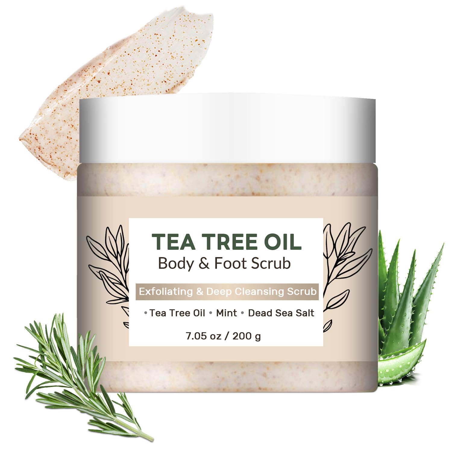 Tea Tree Body & Foot Scrub 7.05oz – Exfoliating & Deep Cleansing Scrub with Natural Tea Tree Oil, Mint & Dead Sea Salt – Refreshing Skin Care for Men & Women – Smooth & Revitalizing Body Scrub