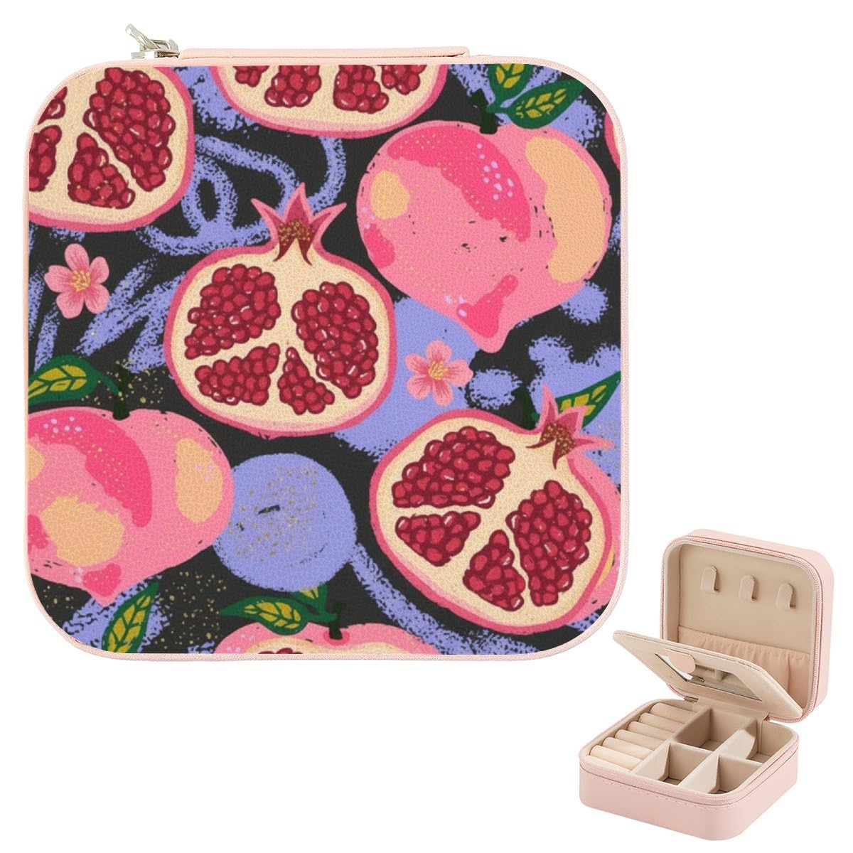 Small Jewelry Gift Box Sweet Texture Pomegranate Purple Flower Leather Pink Square Jewelry Boxes Accessories Box with Mirror