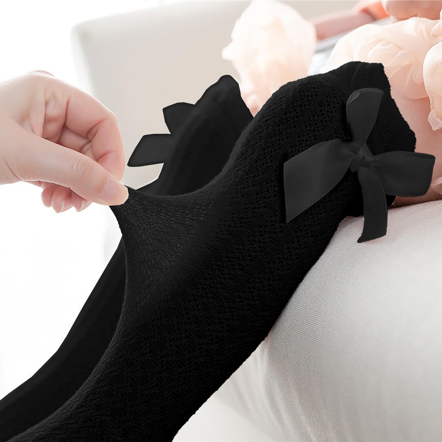 SYGA Baby Girls Mesh Nylon Over The Knee Bow Socks Suitable For Ages 0-3 Years(Black) 3