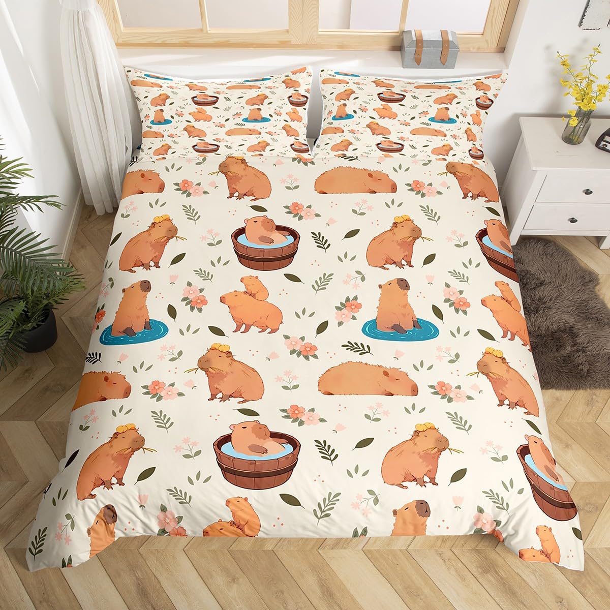 Homewish Kids Cute Capybara Super King Bedding Set, Pink Florals Bed Set For Girls Teens Women Adults Capybara Room Decor, Cartoon Rodent Animal Duvet Cover, Branches Comforter Cover, 2 Pillowcases