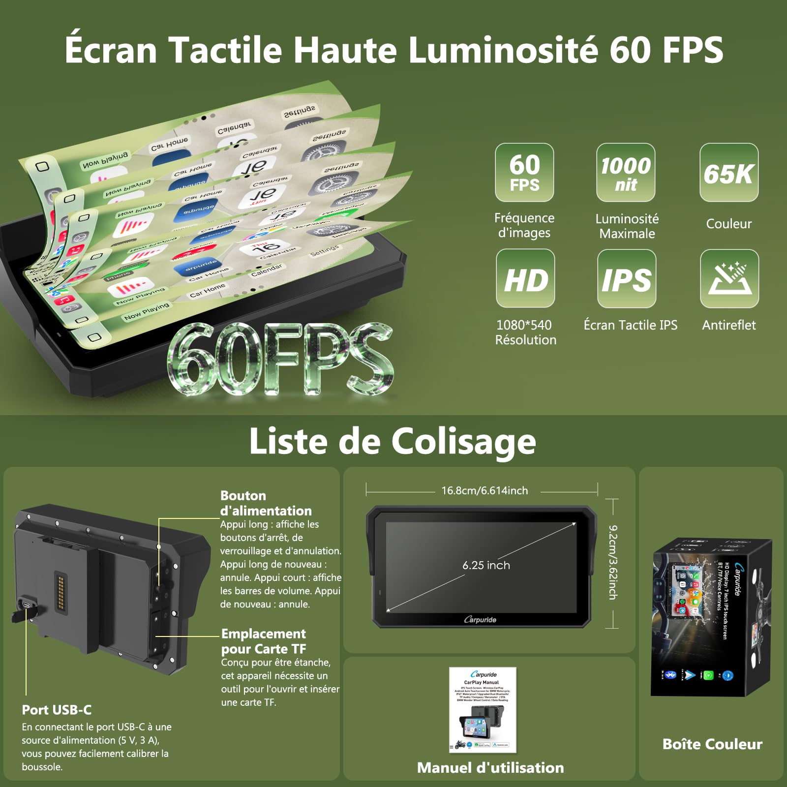 Carpuride W602BS Pro Carplay Écran pour BMW Motos, Natif Wonder Wheel Contrôle & Données Lecture, Sans Fil CarPlay & Android Auto, 6,25" Étanche Tactile Écran, OTA, Double Bluetooth, Interphone, Navi.