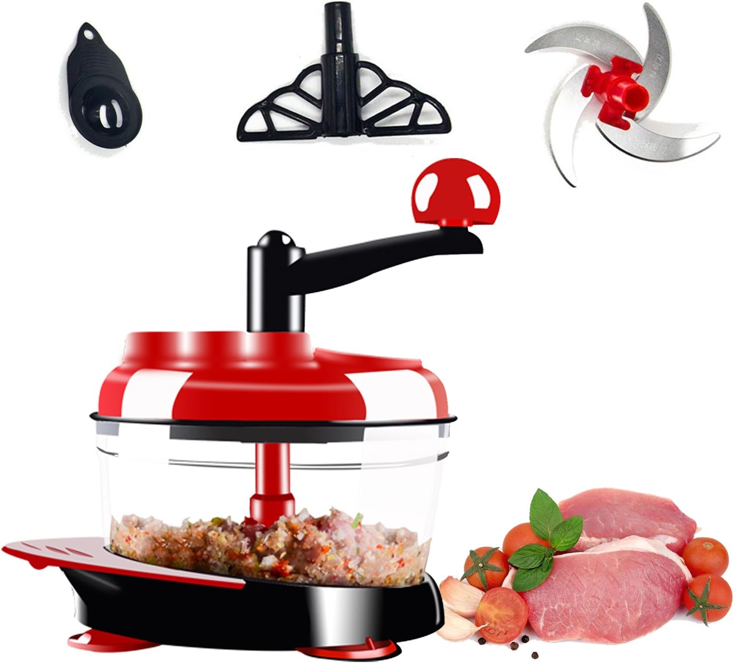 FirstFlourish 2.1QT 2L Manual Hand Crank Food Chopper Meat Vegetable Grinder Mincer Blender Mixer Cutter Food Grade W/Stainless Steel Blades