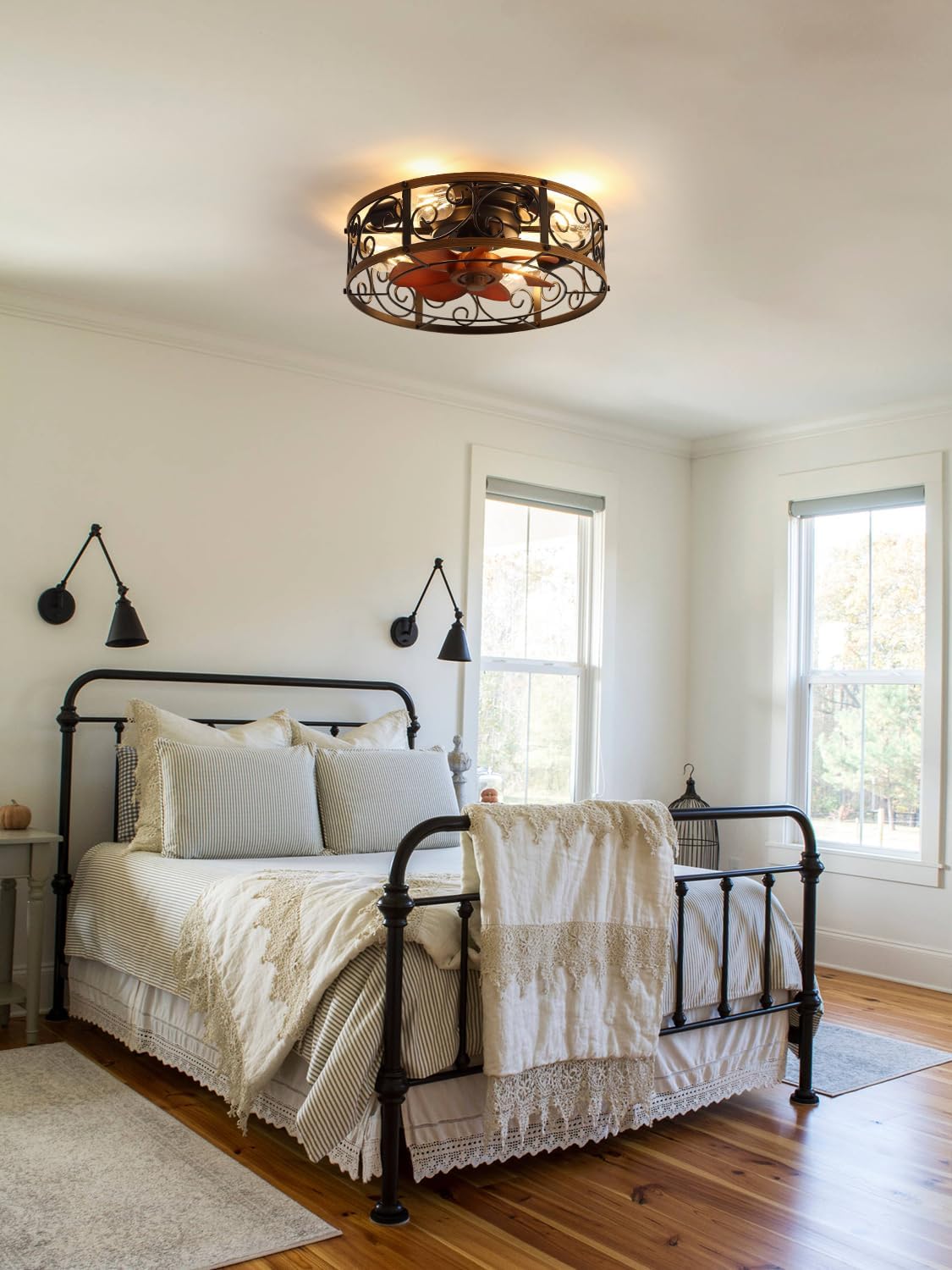 18 Inch Farmhouse Caged Ceiling Fan with Light, Rustic Style Flush Mount Low Profile Ceiling Fan for Kitchen, Bedroom