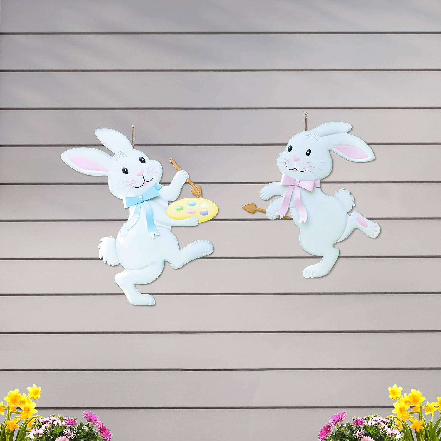 Glitzhome Easter Metal Bunny Painter Garden Stake Set of 2, Easter Decorations Outdoor,Welcome Metal Bunny Painter Yard Sign for Home Spring Outside Garden Front Porch Lawn Backyard