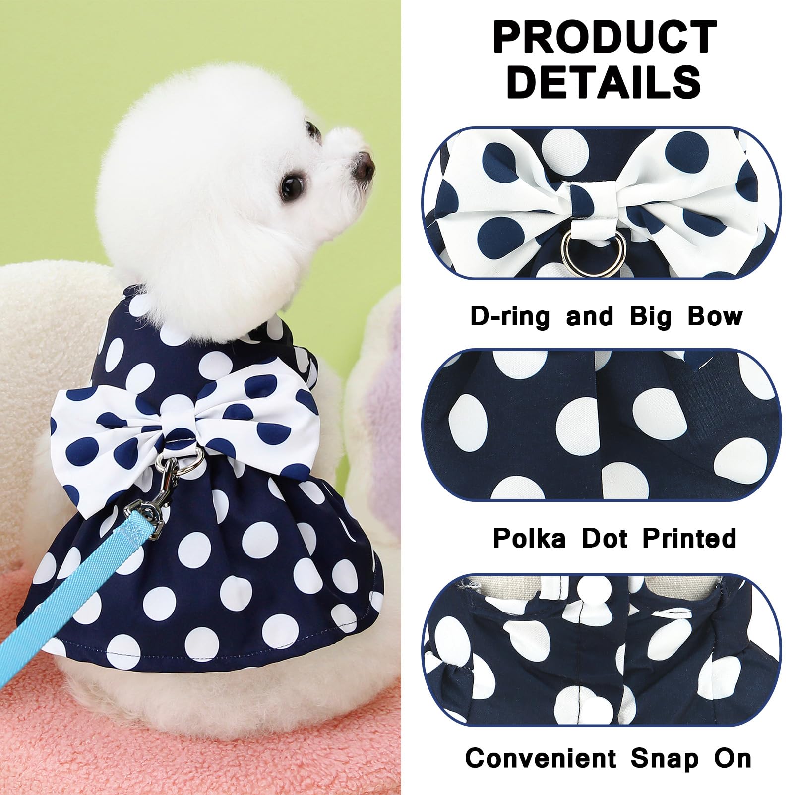 SMALLLEE_LUCKY_STORE Robe harnais à pois pour petit chien et fille – Robe harnais avec anneau en D et nœud – Vêtement respirant pour animal domestique – Vêtements pour chihuahua, yorkshire, chat,