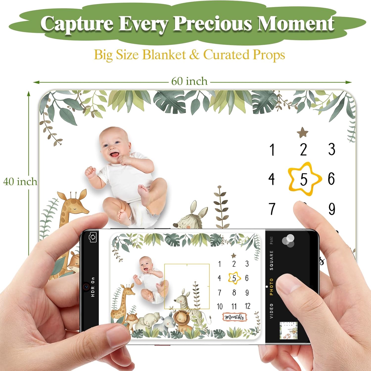 Baby Monthly Milestone Blanket 60"x40" Soft Flannel, 1-12 Months Growth Chart with Photo Banners & Milestone Cards, Newborn Photography Backdrop Baby Keepsake Photo Prop for Baby Boy