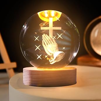 Crystal Ball Night Light 8 cm Praying 3 D Glass Ball with Wooden Base Christmas Decoration Glass Ball Lamp Power Supply USB Jesus Cross Moon Planets Religious Gifts for Interior Decoration Cross [Energy Class F]