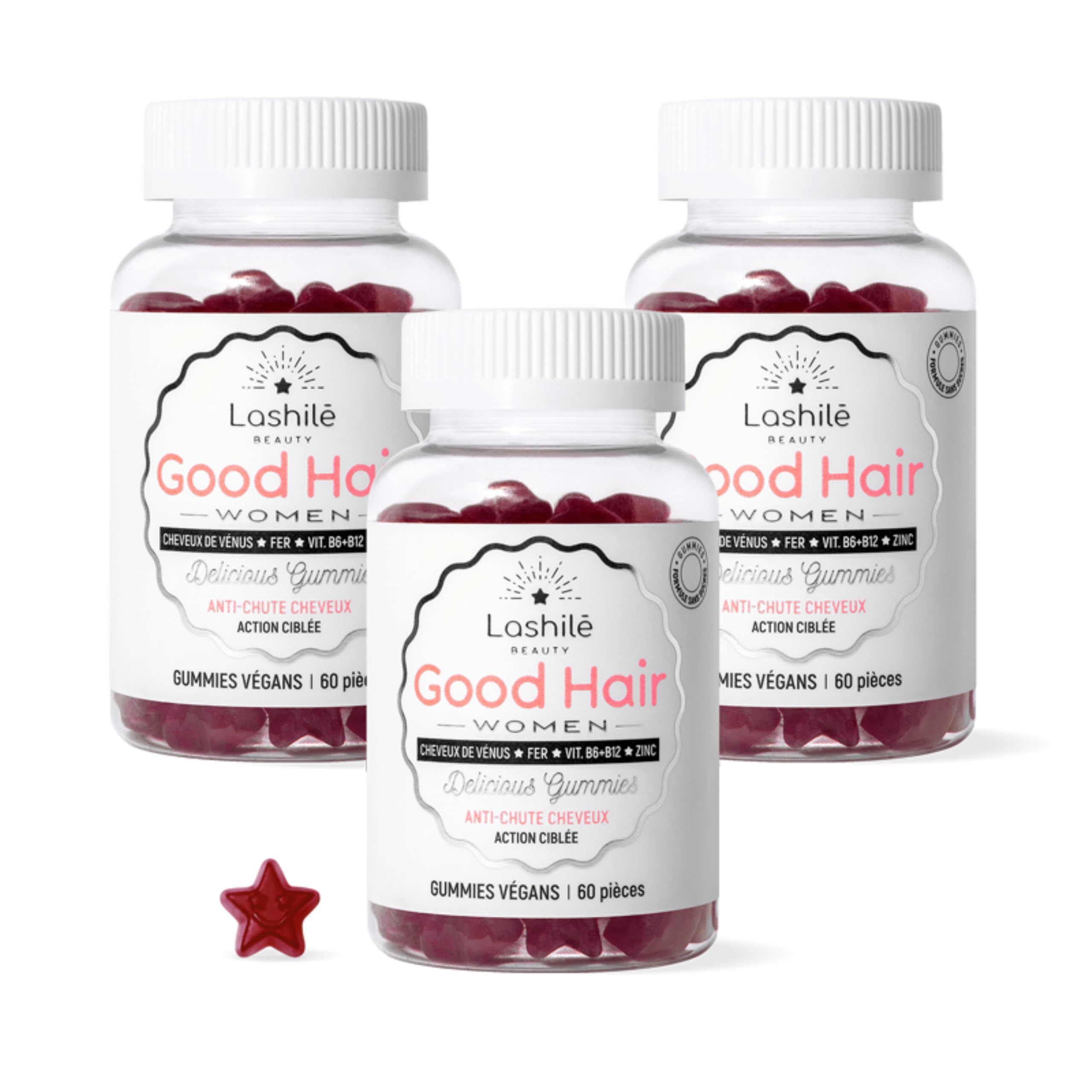 Lashilé Beauty - Complementos Alimenticios - Anticaída del Cabello, Crecimiento y Fuerza - Good Hair Women Vitamines - Fabricado en Francia - Biotina, Zinc, Hierro, MSM, Vitamina B6-180 Gummies