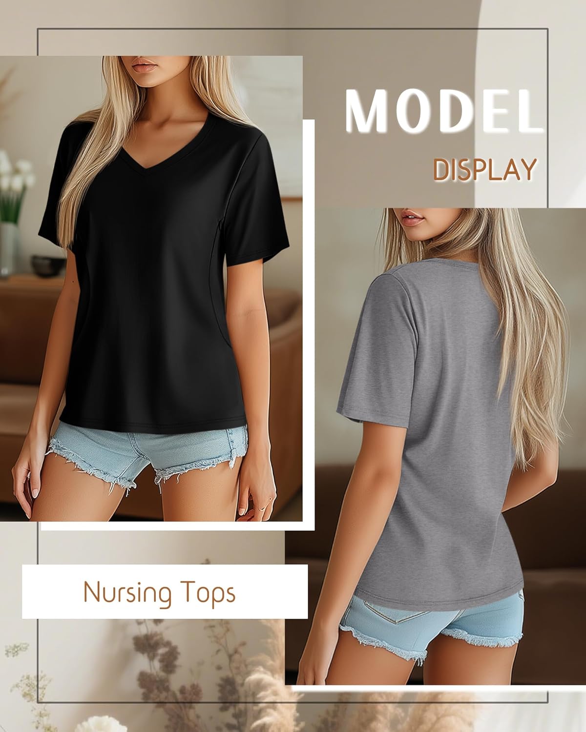 Huukeay 3 Pack Women's Maternity Nursing Tops, Hidden Zippers Breastfeeding Clothes V Neck Short Sleeve Pregnancy Shirts Tees - Image 5