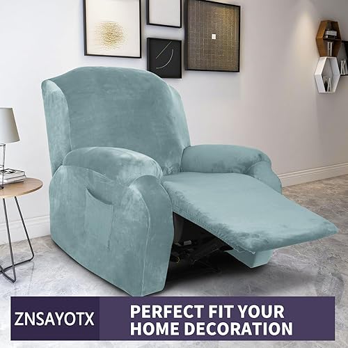 Miniatura 2 de ZNSAYOTX Fundas elásticas de terciopelo reclinable, 4 piezas, funda para silla reclinable de felpa suave más gruesa con bolsillos laterales,