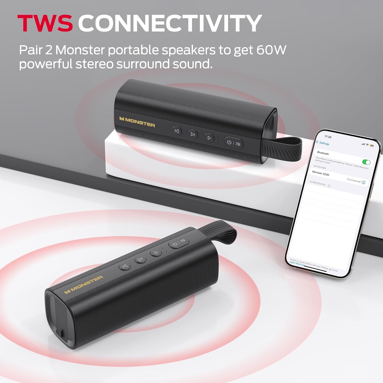 Monster S290 Bluetooth Speaker, Portable Bluetooth Speaker With 30W Loud Stereo Sound, Bluetooth 6.0, 15H Playtime, TWS Pairing, Support AUX/TF Card, IPX6 Waterproof Wireless Speaker for Home, Outdoor — view 7