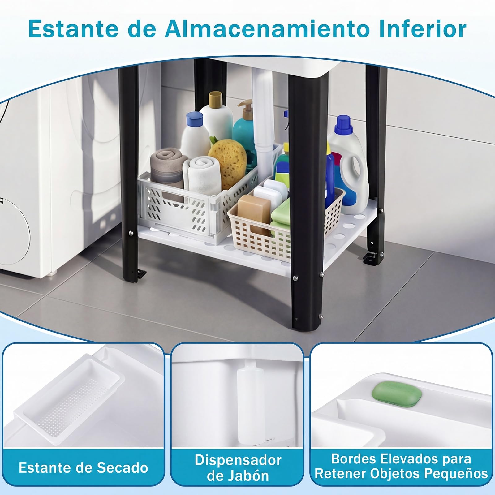 COSTWAY Fregadero Utilitario de Plástico, Fregadero Portatil con Patas Metálicas, Grifo Giratorio 360°, Dispensador de Jabón, Jabonera y Estante, Pila de Lavar para Cocina Lavandería Garaje Jardín