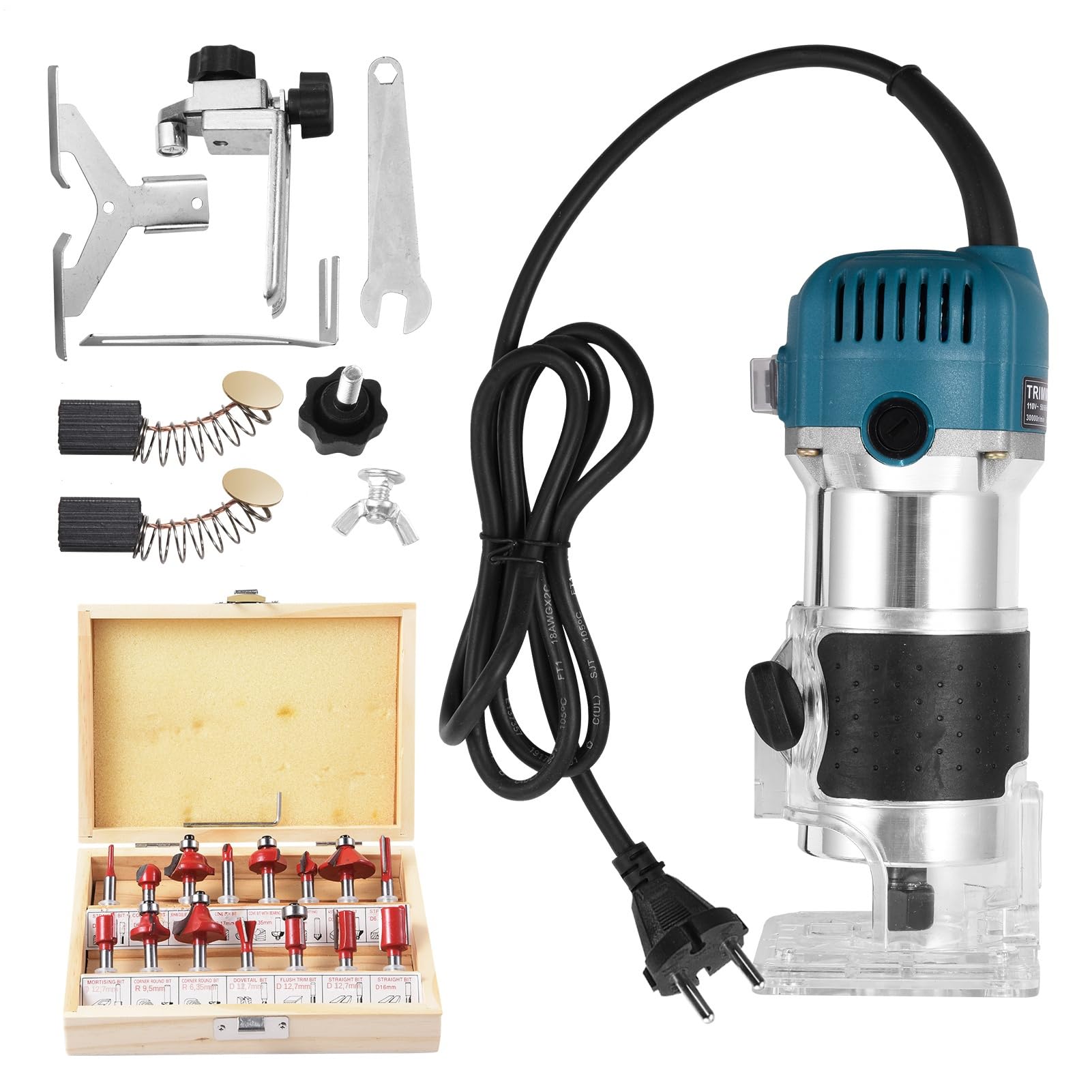 Fresa per bordi con una sola mano, fresa superiore, 800 W, 40000 giri/min, utensile elettrico con regolazione a 6 marce, set di frese da 15 pezzi (1/4") e guida di guida, fresatrice per legno per