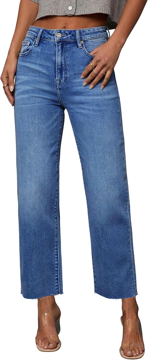 Allimy Womens Tummy Control High Waisted Straight Leg Jeans Stretchy Raw Hem Cropped Denim Pants