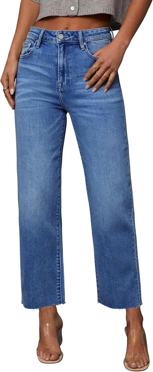 Allimy Womens Tummy Control High Waisted Straight Leg Jeans Stretchy Raw Hem Cropped Denim Pants