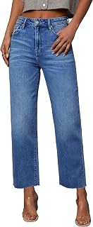 Allimy Womens Tummy Control High Waisted Straight Leg Jeans Stretchy Raw Hem Cropped Denim Pants