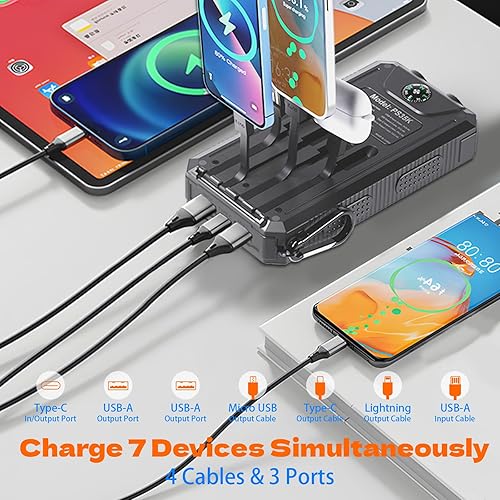 Miniatura 2 de Cargador solar de batería de 20,000 mAh, cargador de teléfono portátil, 4 cables para exteriores, impermeable, cargador de energía de respaldo