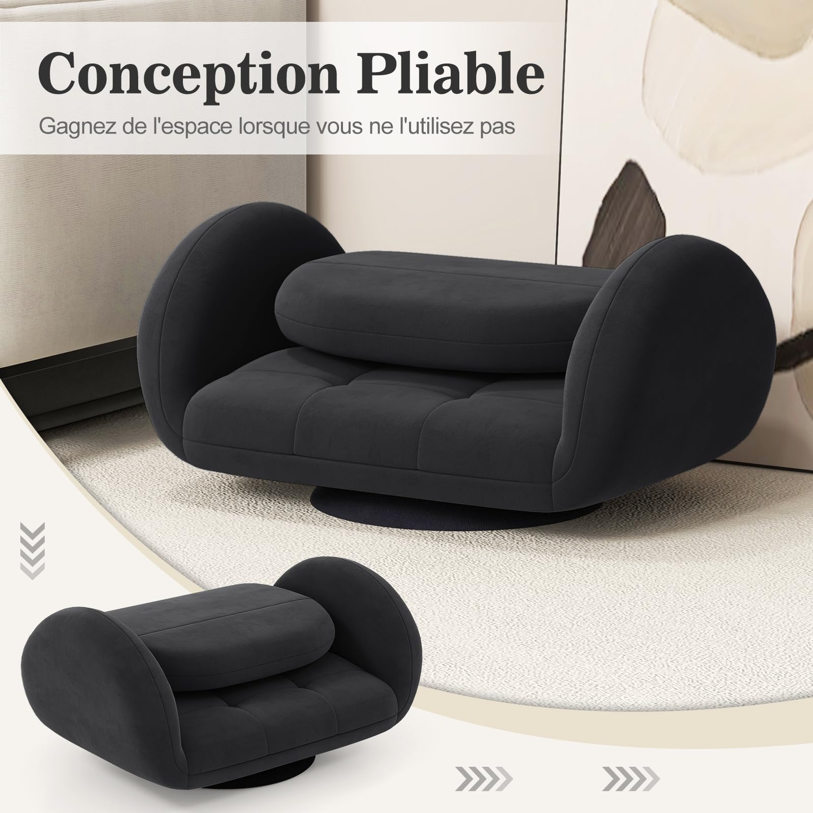 COSTWAY Chaise de Sol Pivotante, Chaise de Jeu Pliante avec Dossier et Accoudoirs Réglables, Fauteuil de Sol Inclinable, Fauteuil de Sol Pliant et Pivotant, pour TV, Lecture, Jeux Vidéo (Noir)