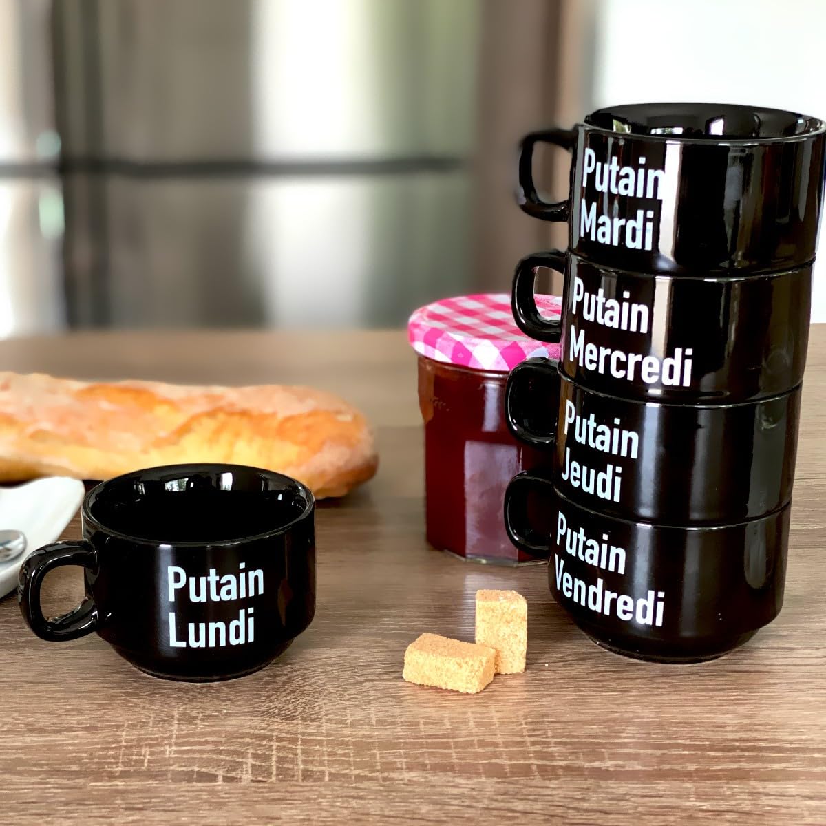 fisura. - Lot tasses à café originales p*tain de semaine. Tasses à café noires avec message pour chaque jour de la semaine. Lot de 5 mugs amusants en céramique.
