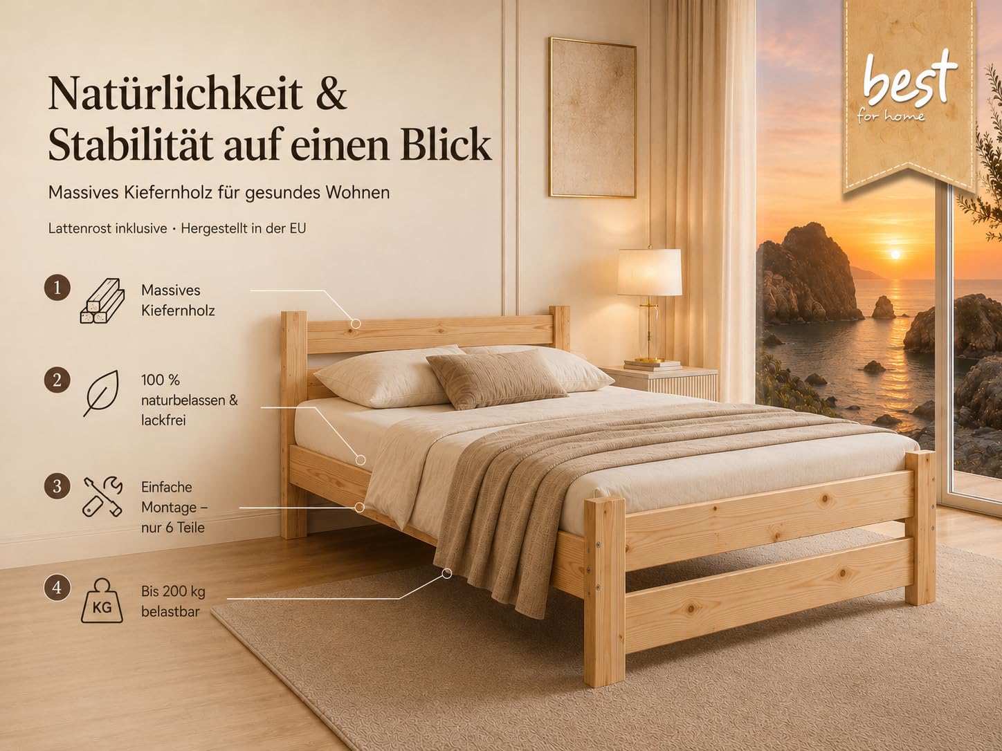 Massivholzbett | Futonbett | Naturholzbett bettgestell | Hochbett aus 100% Naturholz | kopfteil Bett | Bett mit lattenrost Und kopfteil |Seniorenbett | bettgestell (90x200 cm)