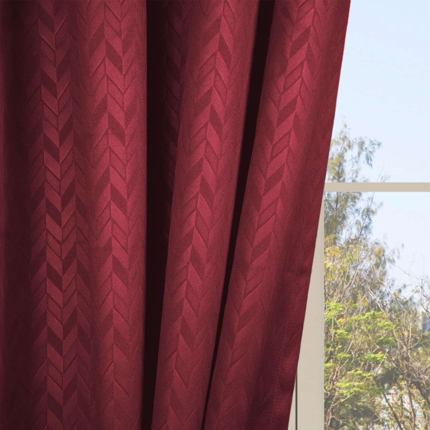 LINENWALAS 100% True Blackout Curtains 6.5 Feet Long - 1 Panel Curtain, Herringbone Embossed Design Complete Light Block, Thermal Insulated & Noise Reducing Room Darkening Curtains (Ruby)