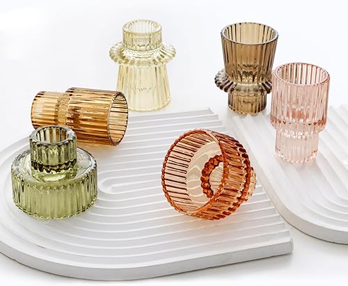 Miniatura 7 de Portavelas marrones, 6 piezas para velas de candelita, juego de portavelas cónicos de vidrio acanalado, centros de mesa para Acción de Gracias,