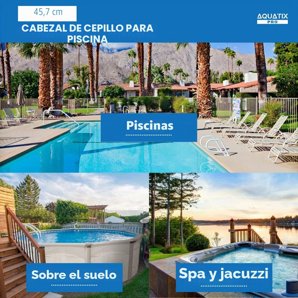 Cabezal de cepillo para piscina Premium, 45 cm, aluminio, cepillo de limpieza por Aquatix Pro con Clips EZ, para paredes, azulejos y suelos, diseño elegante y cerdas resistentes