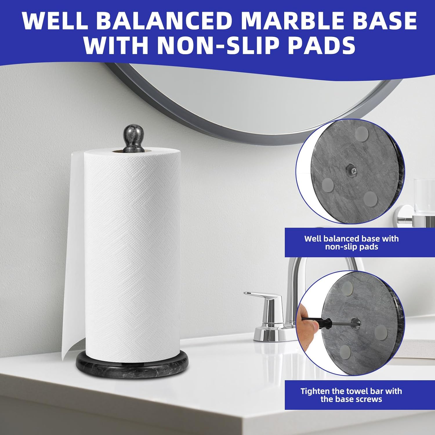 Natural Marble Paper Towel Holder for Kitchen Countertop - 2.6 lbs Heavy Duty Weighted Base for One-Handed Tearing -Fits Extra-Large & Jumbo Rolls - Elegant Modern Design with Ball Top - Black