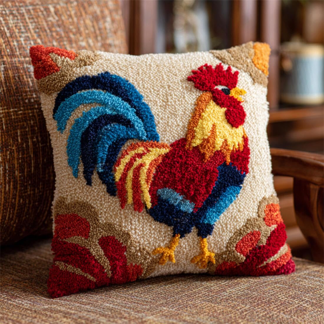 Kitquiver Animal Latch Hook Cushion Set Colorful Rooster DIY Latch Hook Kits Pillow Needlepoint Cushion Kit for Home Décor Needlework Set for Adult Beginners 17x17In