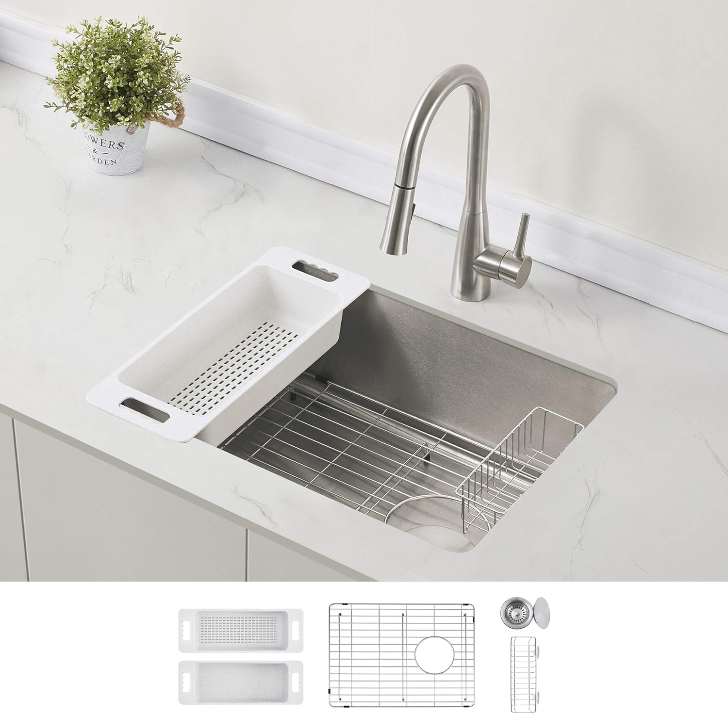 ZUHNE Stainless Steel Single Bowl Kitchen Sink with Offset Drain (24