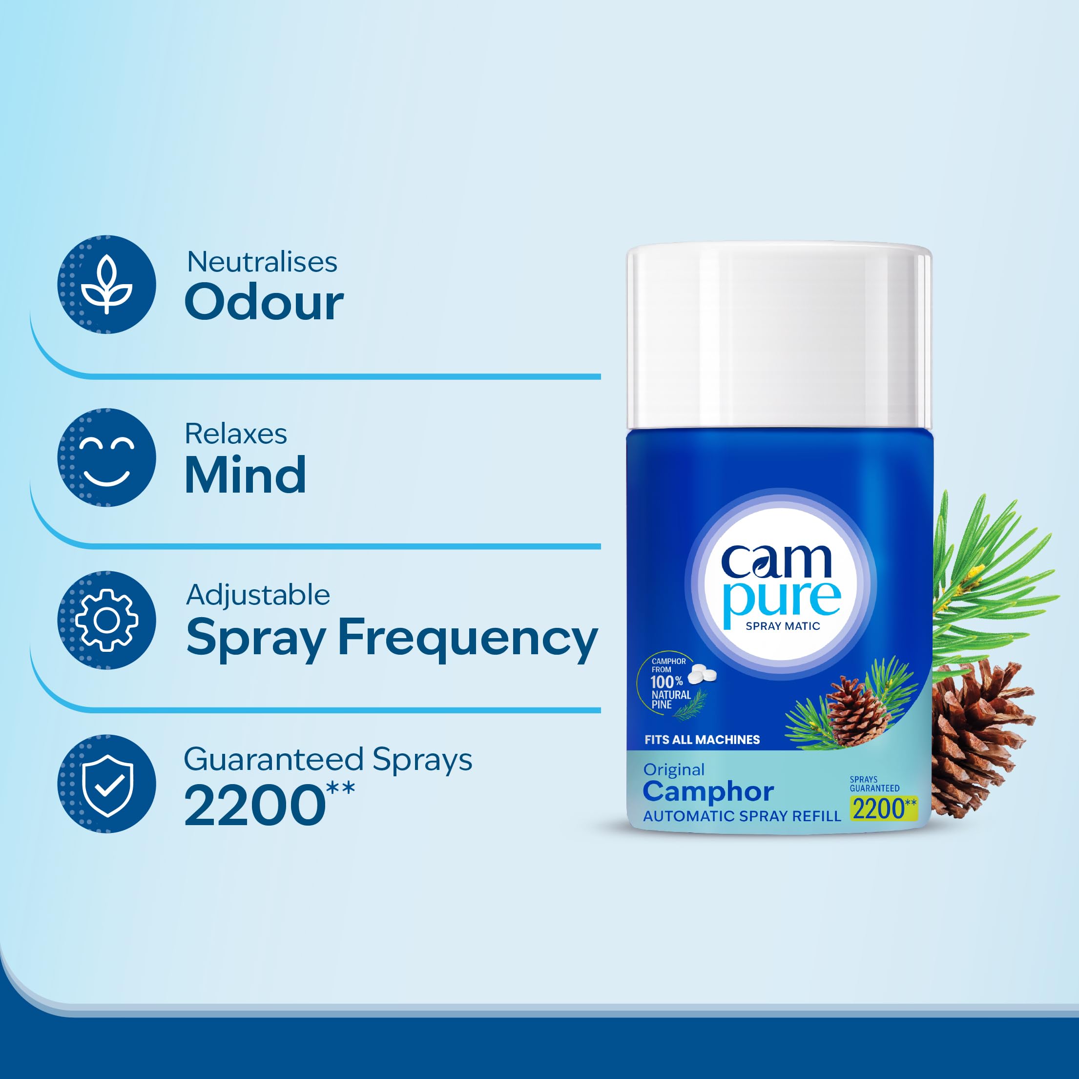 CamPure Automatic Freshener Machine + Refill (225 ml)|Original Camphor Air Purifier | Refreshing Fragrance For Home, Bathroom & Office | Air Freshener Kit | 2200 Sprays Guaranteed | Last upto 60 Days 1