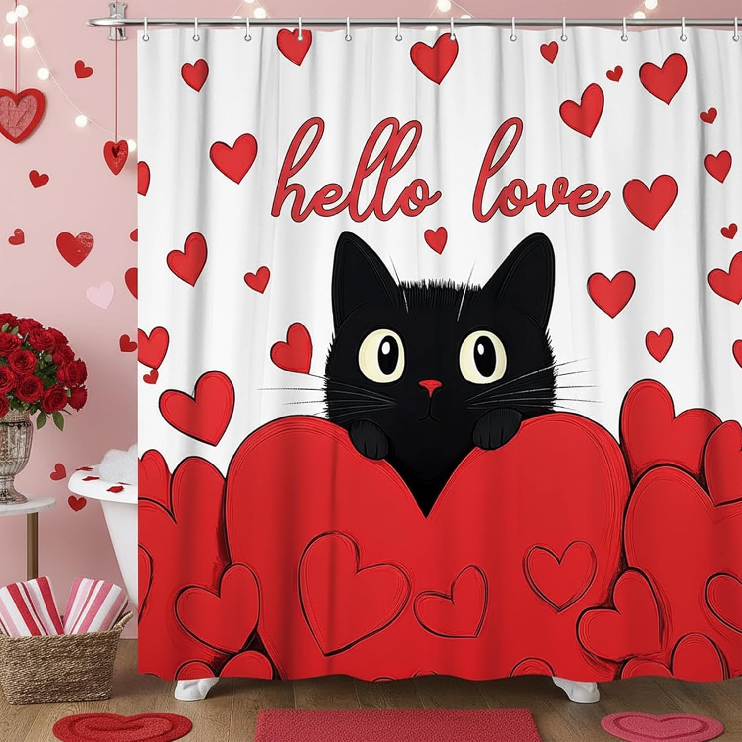 DYNH Valentine's Day Cat Shower Curtain for Bathroom Decor, Valentines Shower Curtain, Lovely Sweet Black Cat Red Hearts Fabric Bath Curtains with Hooks for Lover Couple,72X78IN