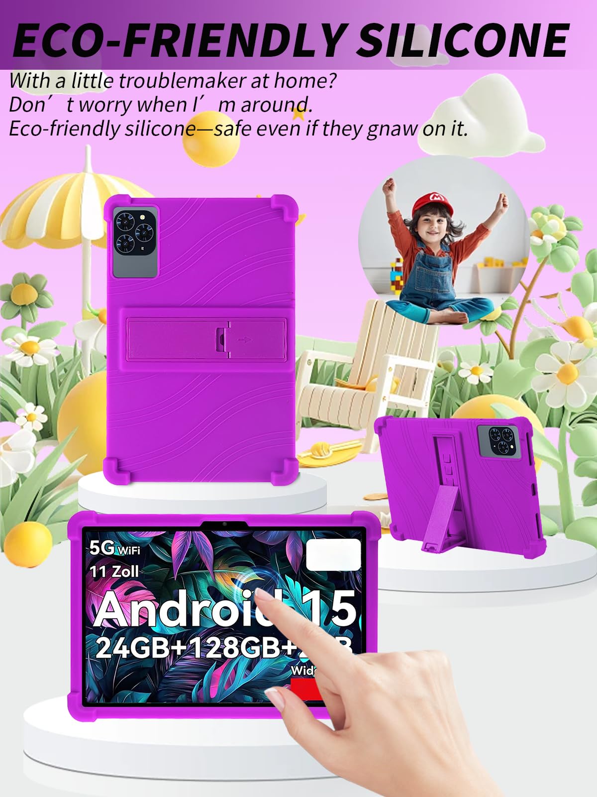 Funda protectora para tablet TABWEE T90/TABWEE T90EX de 11 pulgadas 2026, funda de silicona suave para niños de yystao con soporte ajustable (Violeta)