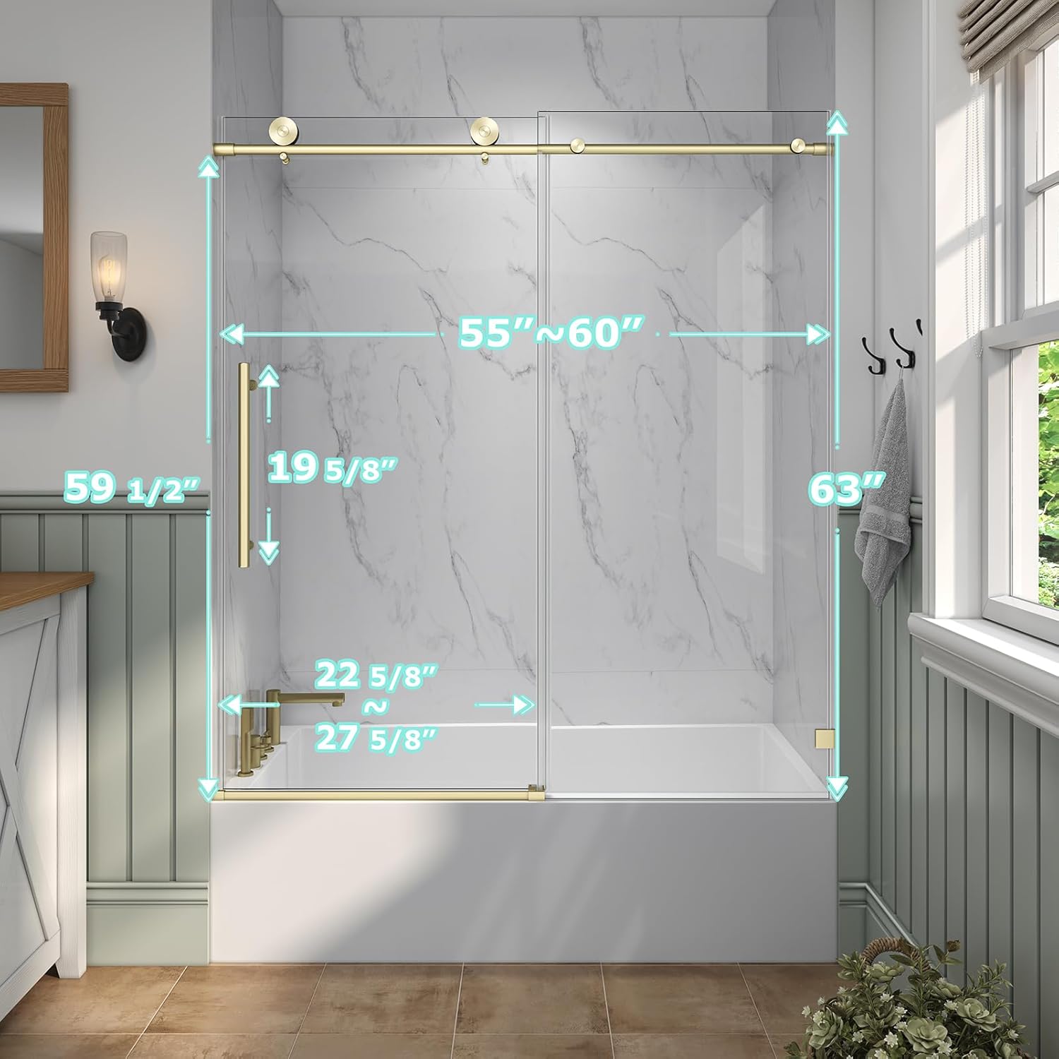 55"-60" W x 63" H Soft Closing Sliding Bathtub Shower Doors,Water Repellent Frameless Tub Shower Door,5/16" (8mm) Transparent Glass,Nano Explosion-Proof Film (Brushed Gold 60" Wx63)
