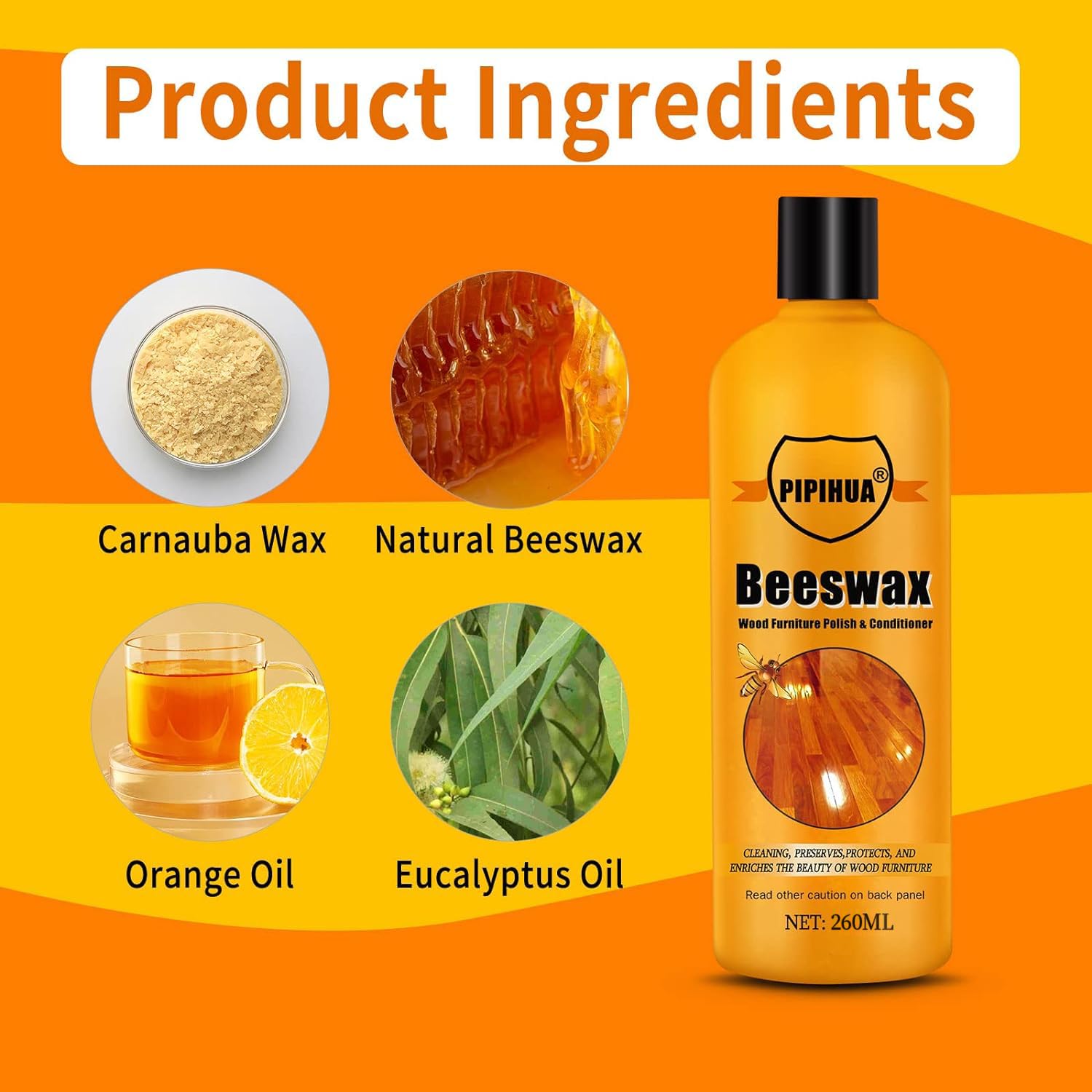 PIPIHUA Beeswax Furniture Polish Wood, naturalny bezbarwny wosk do pielęgnacji i ochrony drewna, najwyższej jakości wosk do mebli, do polerowania i pielęgnacji drewnianych mebli, 260ml