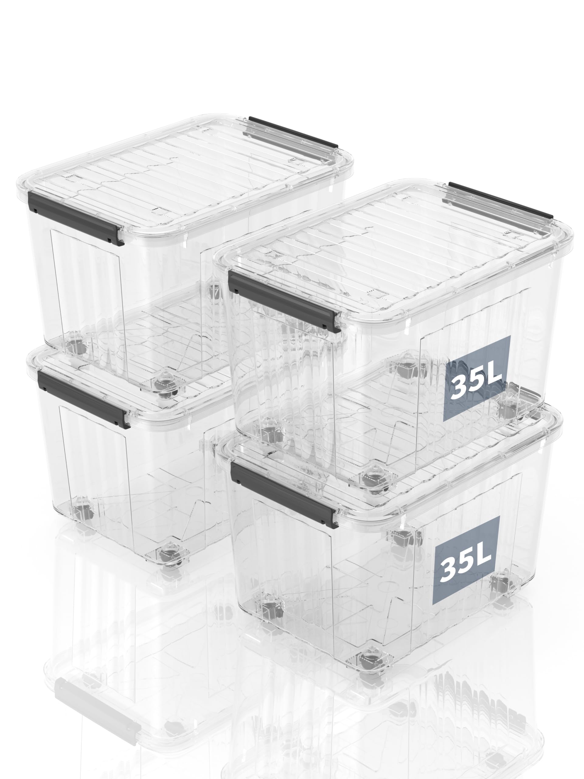 Aufbewahrungsboxen mit Deckeln,Lagerboxen mitLaufrollen, Kunststoff - Aufbewahrungslösungen für Zuhause, Büro und Schule, Ordnungsboxen, Stapelbar, Transparent, 35L(4er Set)
