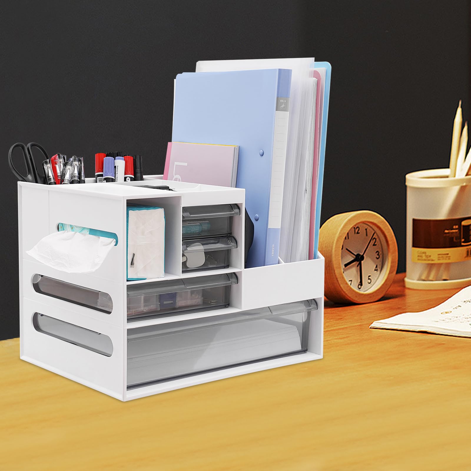 Organizer da scrivania bianco, organizer da ufficio, in plastica, organizer da scrivania con porta carte e cassetto, 34 x 25,5 x 24,5 cm