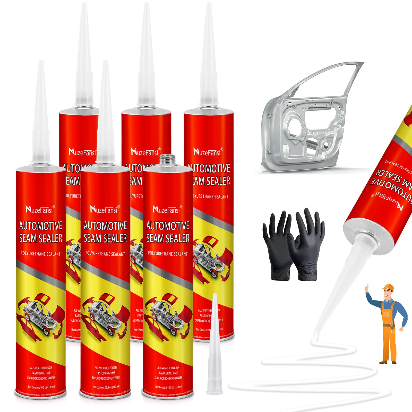 Polyurethane Seam Sealer,Paintable Quick-Set Automotive Seam Sealer,Professional Auto Body for Metal and Painted Surfaces of Cars, Trucks, Includes Gloves & Tip - White?6 Pack?